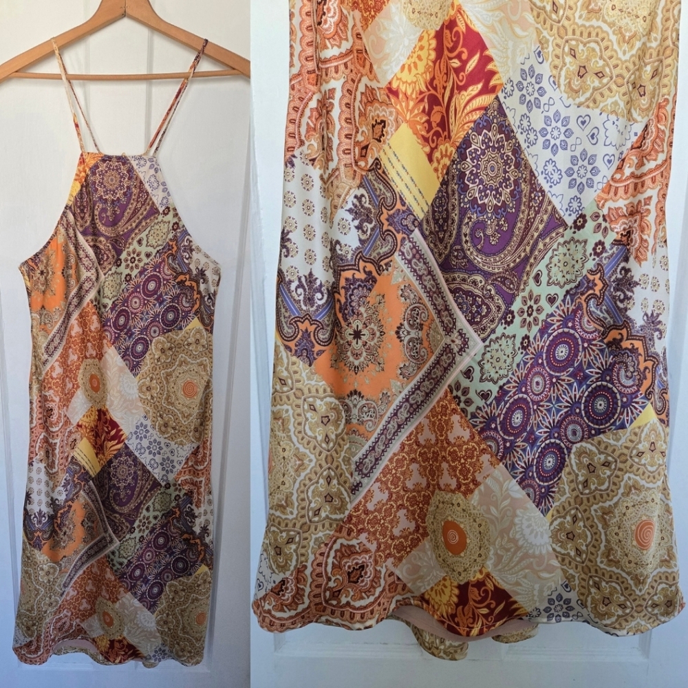 Vici‎ Women's Patchwork Midi Dress Size M Silky Boho Hippie Fairy Scarf Print - Picture 2 of 13